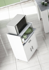 Carrello Akea, Mobile ausiliare per cucina con ruote, Armadio multiuso con 2 ante e 1 ripiano, cm 59x40h92, Bianco