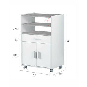 Carrello Akea, Mobile ausiliare per cucina con ruote, Armadio multiuso con 2 ante e 1 ripiano, cm 59x40h92, Bianco