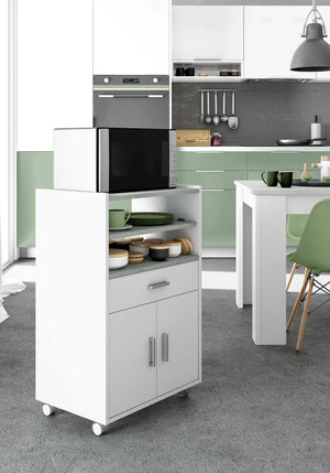Carrello Akea, Mobile ausiliare per cucina con ruote, Armadio multiuso con 2 ante e 1 ripiano, cm 59x40h92, Bianco