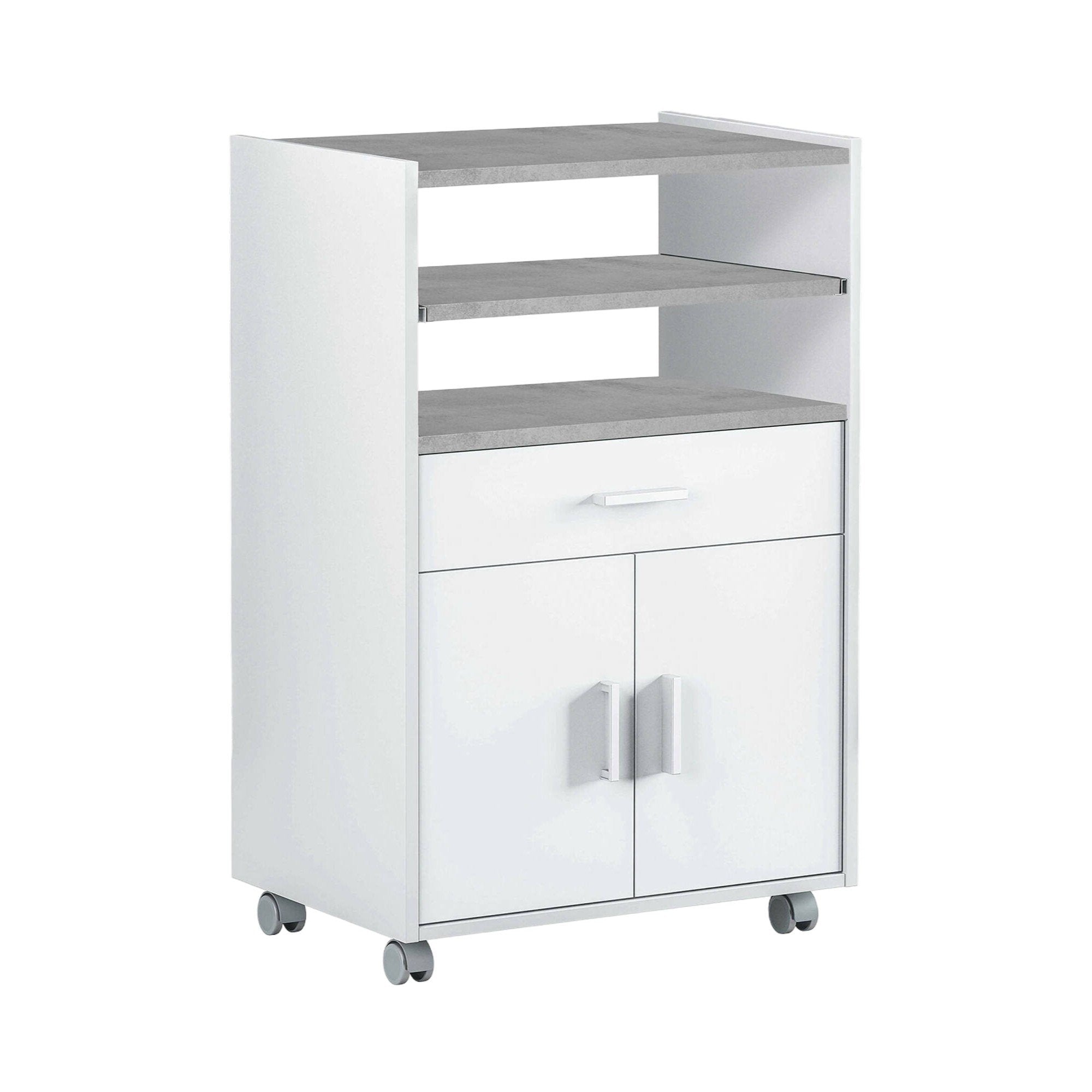 Carrello Akea, Mobile ausiliare per cucina con ruote, Armadio multiuso con 2 ante e 1 ripiano, cm 59x40h92, Bianco