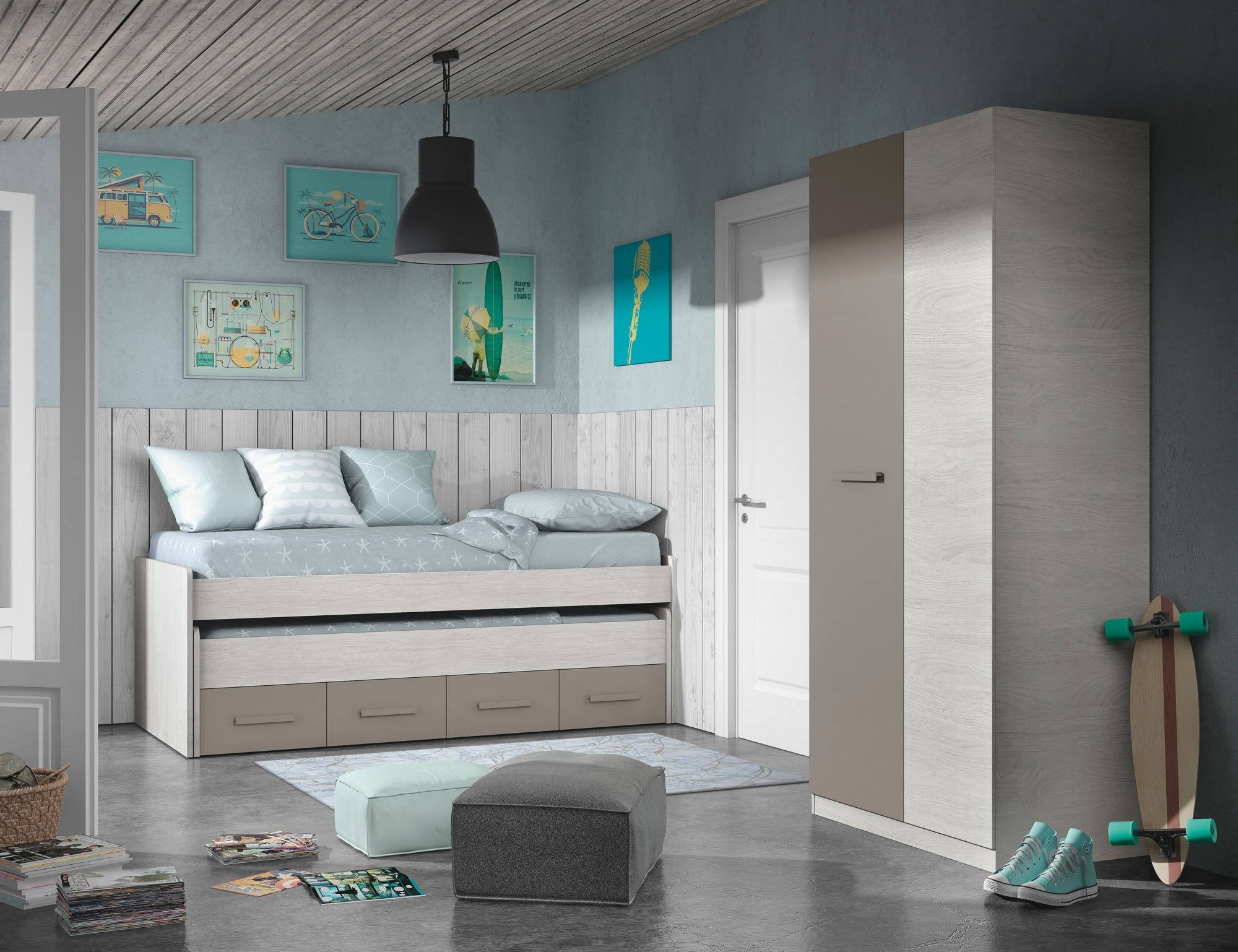 Letto singolo Cupido, Struttura letto per cameretta, Letto singolo con lettino estraibile e 4 cassettoni, cm 198x96h69, Legno e Marrone