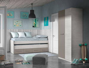 Letto singolo Cupido, Struttura letto per cameretta, Letto singolo con lettino estraibile e 4 cassettoni, cm 198x96h69, Legno e Marrone