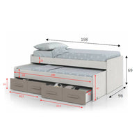 Letto singolo Cupido, Struttura letto per cameretta, Letto singolo con lettino estraibile e 4 cassettoni, cm 198x96h69, Legno e Marrone