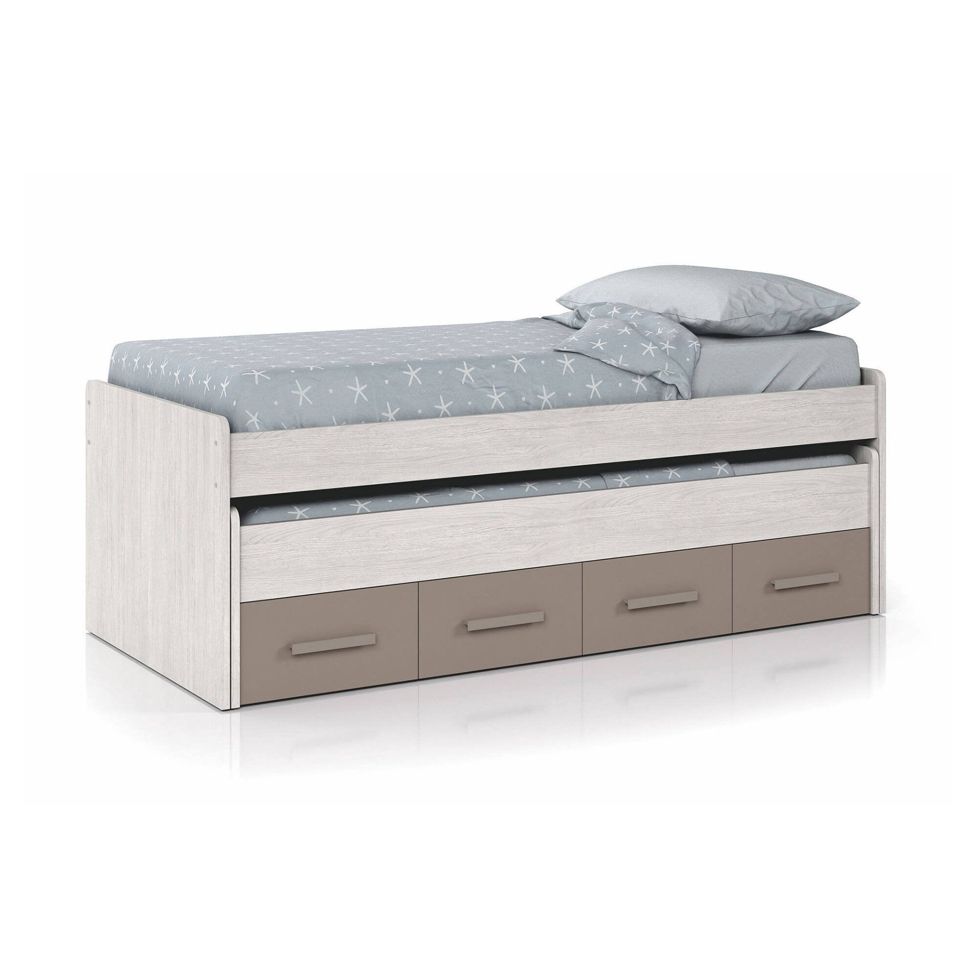Letto singolo Cupido, Struttura letto per cameretta, Letto singolo con lettino estraibile e 4 cassettoni, cm 198x96h69, Legno e Marrone