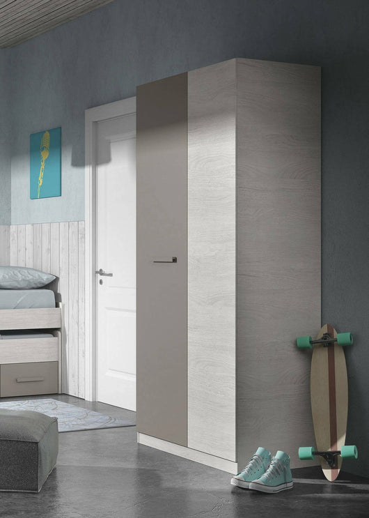Guardaroba Alpine, Armadio per camera da letto a 2 ante battenti, Mobile con 3 ripiani e barra appendiabiti, cm 90x52h200, Bianco e Marrone