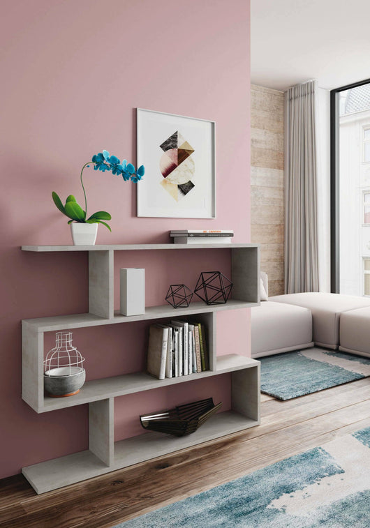 Libreria Amerigo, Mobile portalibri bassa bifacciale, Scaffale con tre scomparti, Scaffale moderno da ufficio, cm 110x24h97, Grigio cemento