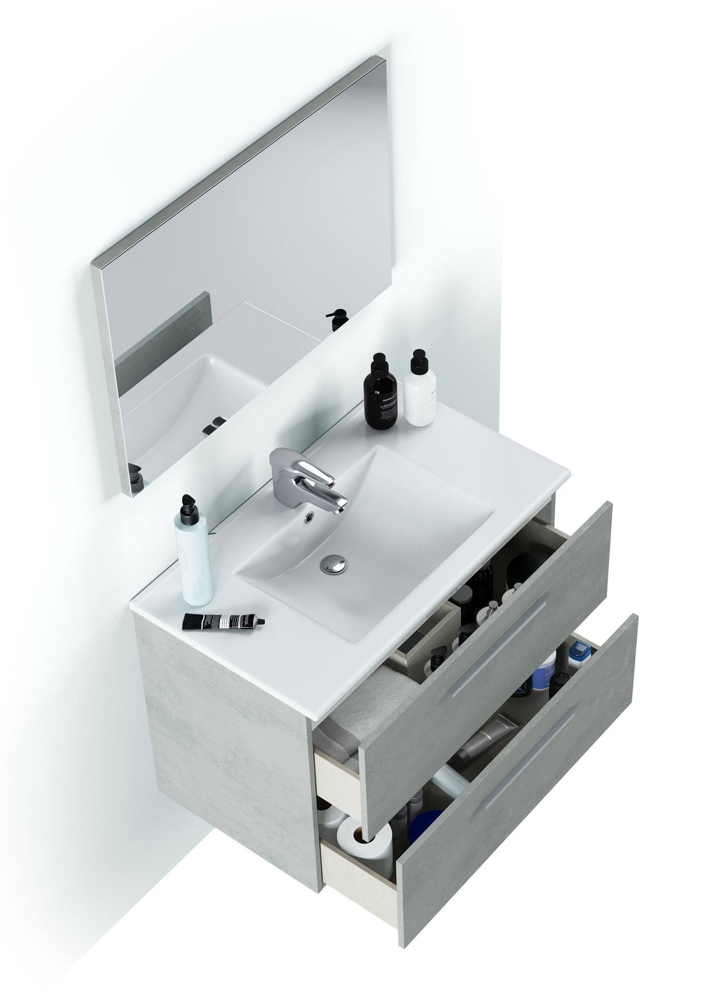 Mobile sottolavabo Albino, Mobiletto per bagno sospeso, Armadio a 2 cassetti e specchio, cm 80x45h57, Cemento