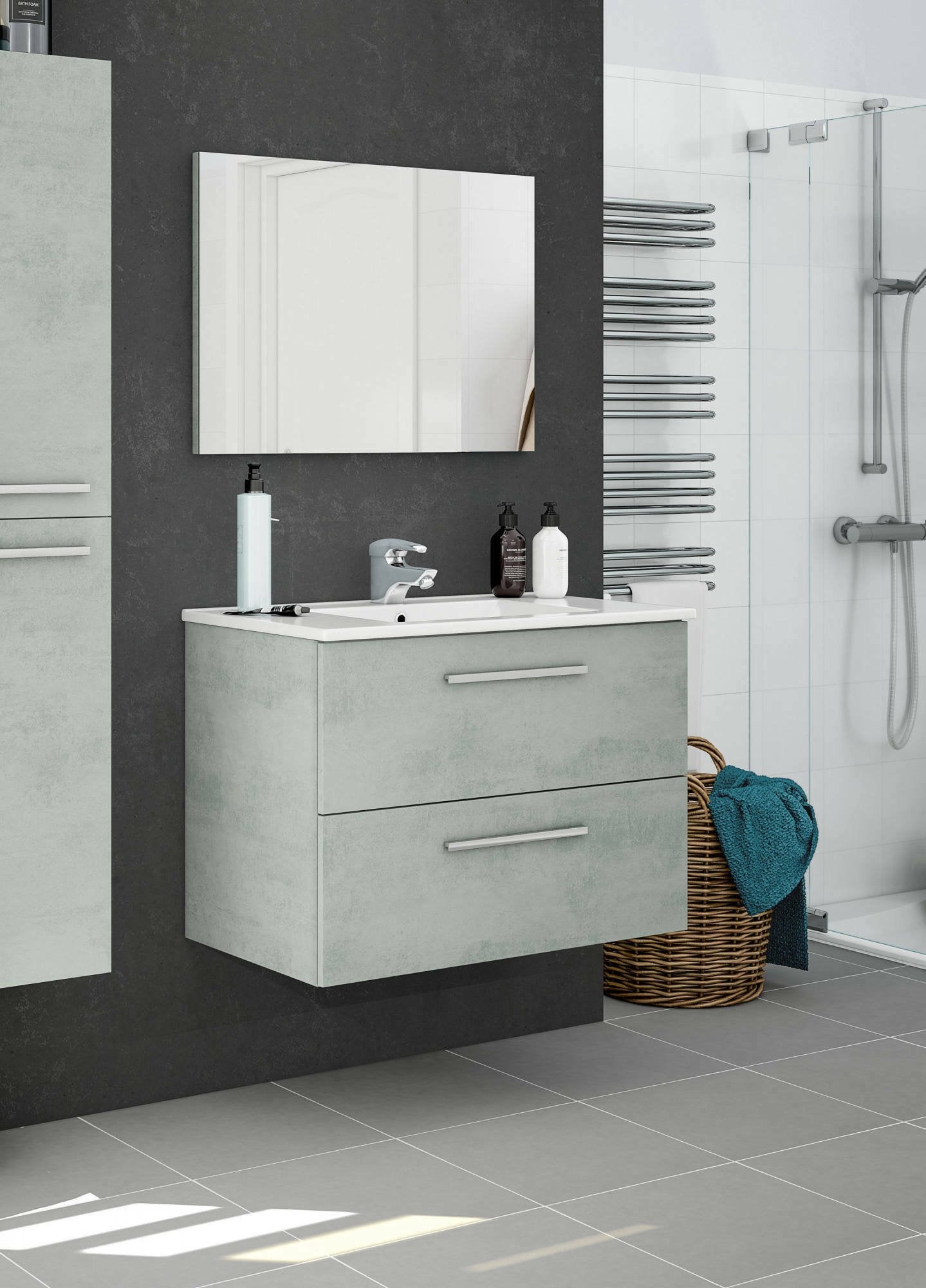 Mobile sottolavabo Albino, Mobiletto per bagno sospeso, Armadio a 2 cassetti e specchio, cm 80x45h57, Cemento