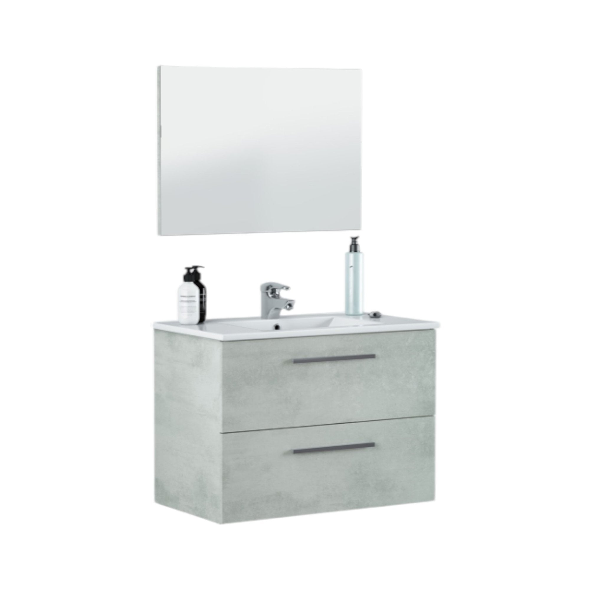 Mobile sottolavabo Albino, Mobiletto per bagno sospeso, Armadio a 2 cassetti e specchio, cm 80x45h57, Cemento