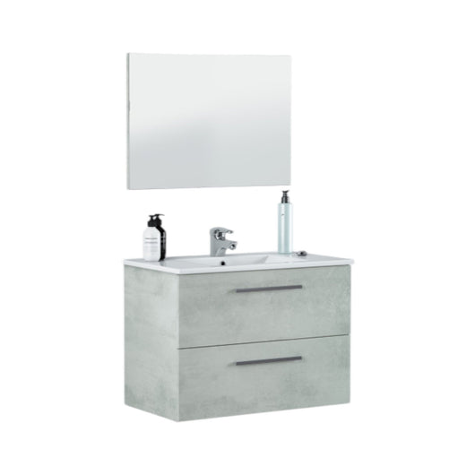 Mobile sottolavabo Albino, Mobiletto per bagno sospeso, Armadio a 2 cassetti e specchio, cm 80x45h57, Cemento