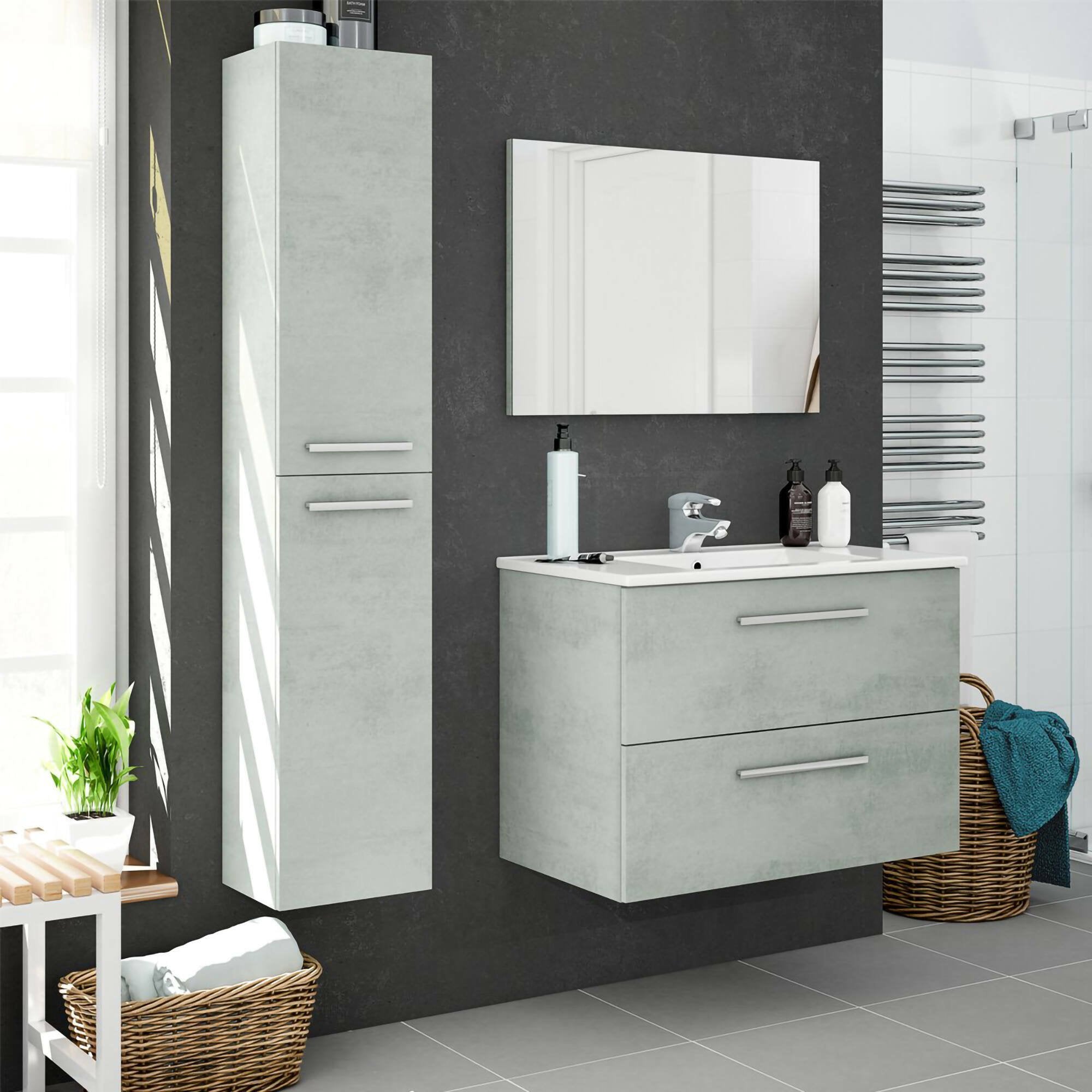 Colonna Bagno Notte, Mobile a colonna per bagno a 2 ante, Armadio pensile sospeso con 2 ripiani, cm 30x25h150, Grigio cemento