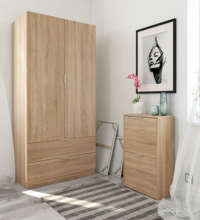 Guardaroba Appadu, Armadio per camera da letto a 2 ante e 2 cassetti, Mobile per camera da letto con barra appendiabiti, cm 81x52h180, Rovere