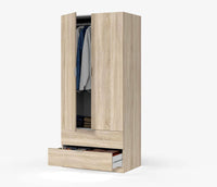 Guardaroba Appadu, Armadio per camera da letto a 2 ante e 2 cassetti, Mobile per camera da letto con barra appendiabiti, cm 81x52h180, Rovere