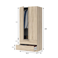 Guardaroba Appadu, Armadio per camera da letto a 2 ante e 2 cassetti, Mobile per camera da letto con barra appendiabiti, cm 81x52h180, Rovere