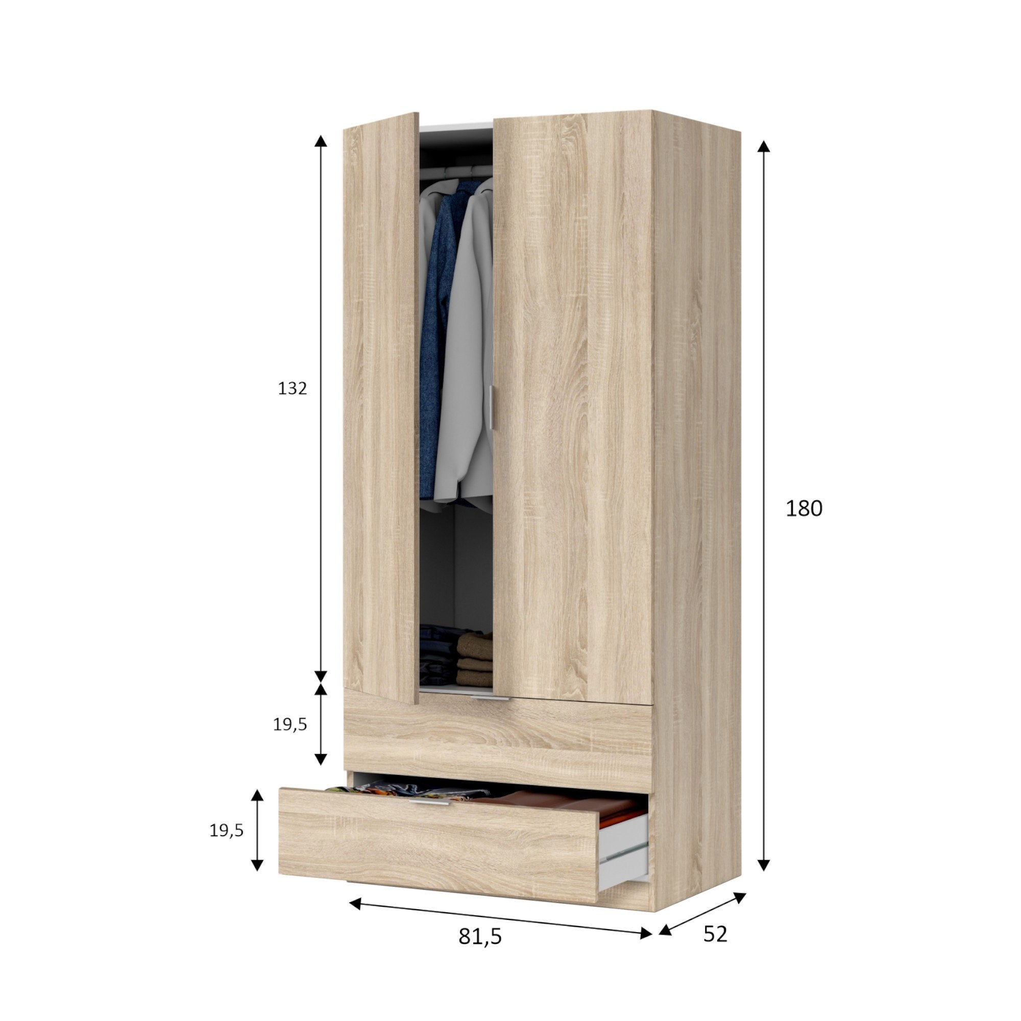 Guardaroba Appadu, Armadio per camera da letto a 2 ante e 2 cassetti, Mobile per camera da letto con barra appendiabiti, cm 81x52h180, Rovere