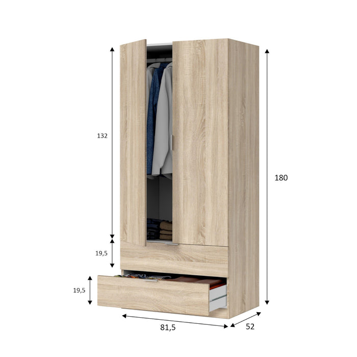 Guardaroba Appadu, Armadio per camera da letto a 2 ante e 2 cassetti, Mobile per camera da letto con barra appendiabiti, cm 81x52h180, Rovere