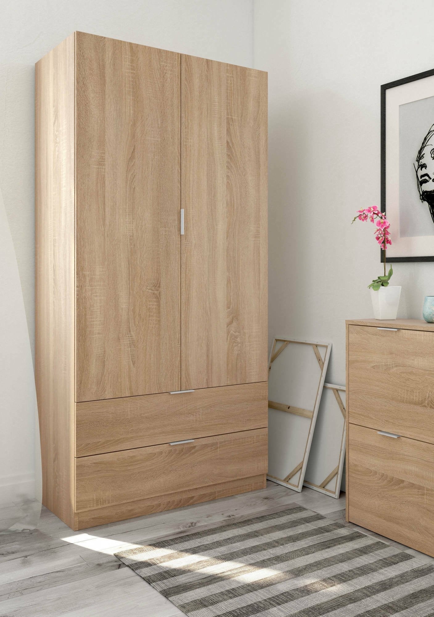 Guardaroba Appadu, Armadio per camera da letto a 2 ante e 2 cassetti, Mobile per camera da letto con barra appendiabiti, cm 81x52h180, Rovere