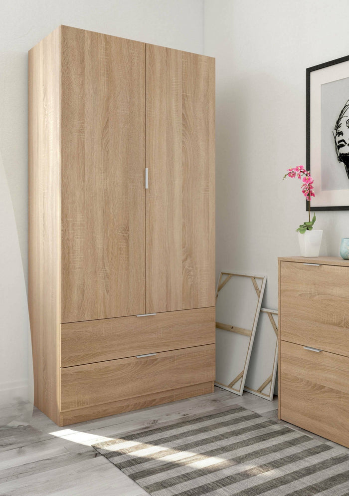Guardaroba Appadu, Armadio per camera da letto a 2 ante e 2 cassetti, Mobile per camera da letto con barra appendiabiti, cm 81x52h180, Rovere