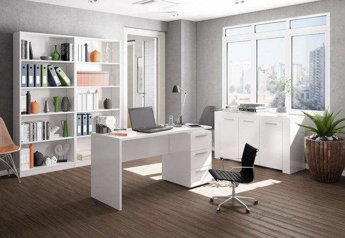 Scrivania Alimet, Scrittoio da ufficio moderno, Tavolo da studio con cassettiera a 2 cassetti e 1 anta, cm 138x60h74, Bianco