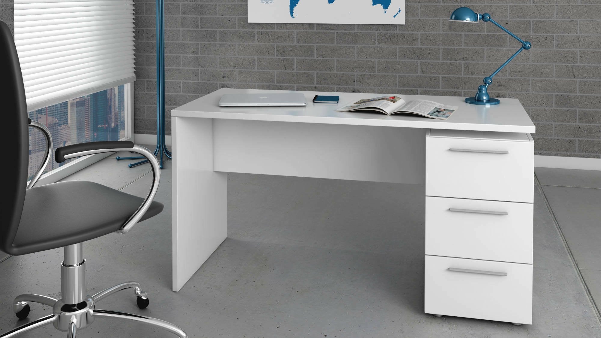 Scrivania Alimet, Scrittoio da ufficio moderno, Tavolo da studio con cassettiera a 2 cassetti e 1 anta, cm 138x60h74, Bianco