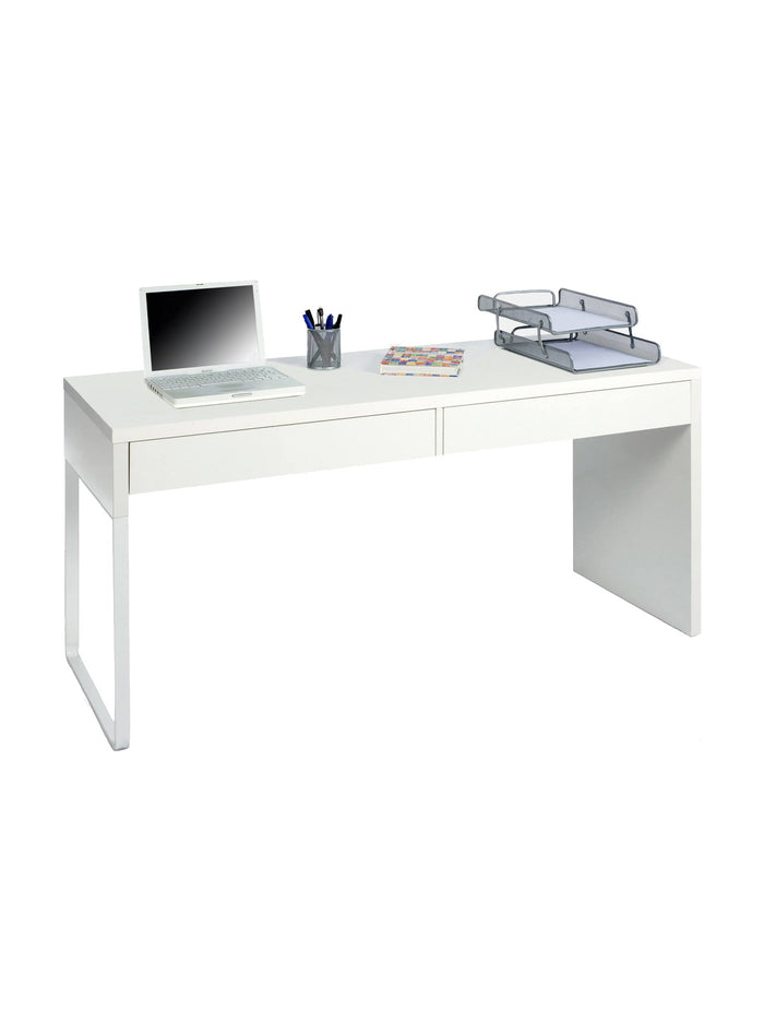Scrivania Cerere, Scrittoio reversibile da ufficio, Tavolo da studio porta PC con 2 cassetti, cm 138x50h75, Bianco lucido