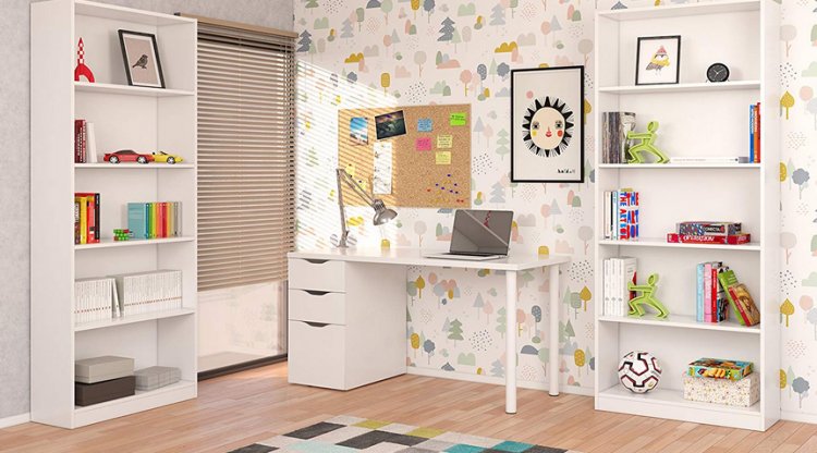 Scrivania Abol, Scrittoio da ufficio reversibile, Tavolo da studio con cassettiera a 2 cassetti e 1 anta, cm 138x60h74, Bianco