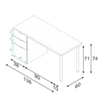 Scrivania Abol, Scrittoio da ufficio reversibile, Tavolo da studio con cassettiera a 2 cassetti e 1 anta, cm 138x60h74, Bianco