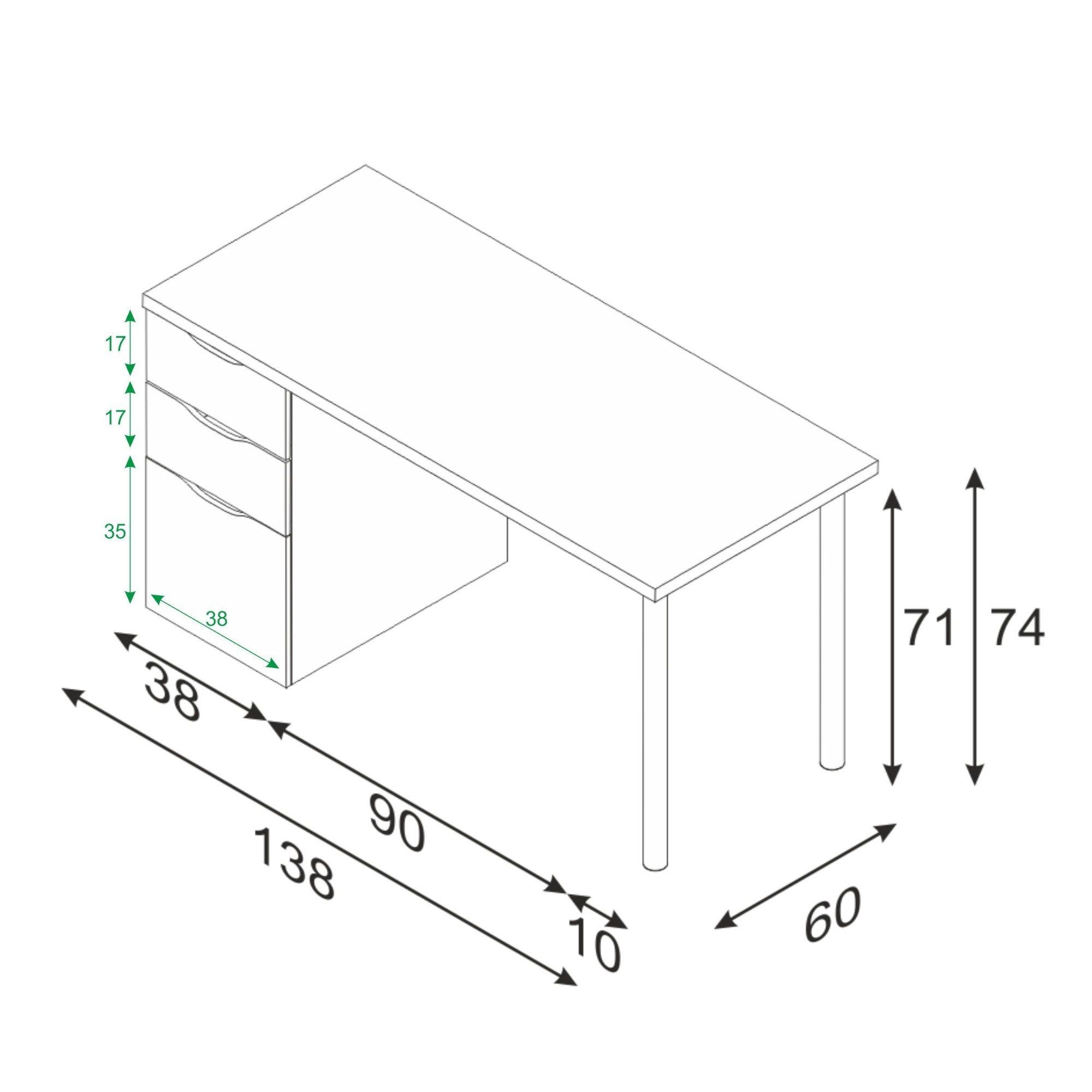 Scrivania Abol, Scrittoio da ufficio reversibile, Tavolo da studio con cassettiera a 2 cassetti e 1 anta, cm 138x60h74, Bianco