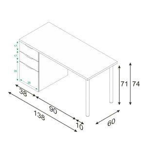 Scrivania Abol, Scrittoio da ufficio reversibile, Tavolo da studio con cassettiera a 2 cassetti e 1 anta, cm 138x60h74, Bianco