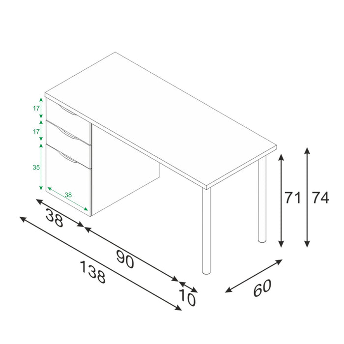 Scrivania Abol, Scrittoio da ufficio reversibile, Tavolo da studio con cassettiera a 2 cassetti e 1 anta, cm 138x60h74, Bianco