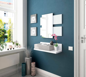 Mobile da ingresso Anro, Entratina sospesa con specchio, Mobile con cassetto per entrata, cm 75x29h90, Bianco e Cemento