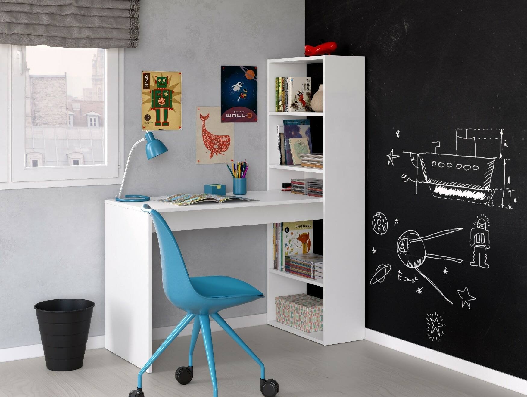 Scrivania Ali, Scrittoio reversibile con libreria a 5 ripiani, Tavolo da studio o ufficio porta PC portalibri, cm 120x53h144, Bianco
