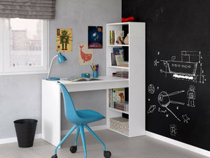 Scrivania Ali, Scrittoio reversibile con libreria a 5 ripiani, Tavolo da studio o ufficio porta PC portalibri, cm 120x53h144, Bianco
