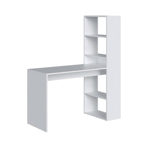 Scrivania Ali, Scrittoio reversibile con libreria a 5 ripiani, Tavolo da studio o ufficio porta PC portalibri, cm 120x53h144, Bianco