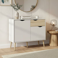 Credenza a due ante e un Audit, colore bianco e rovere, Misure 98 x 81 x 39 cm