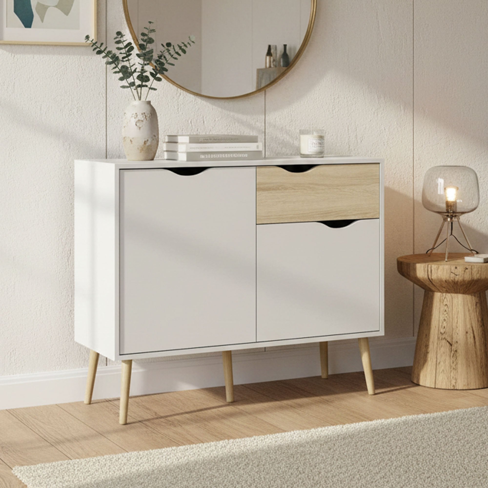 Credenza a due ante e un Audit, colore bianco e rovere, Misure 98 x 81 x 39 cm