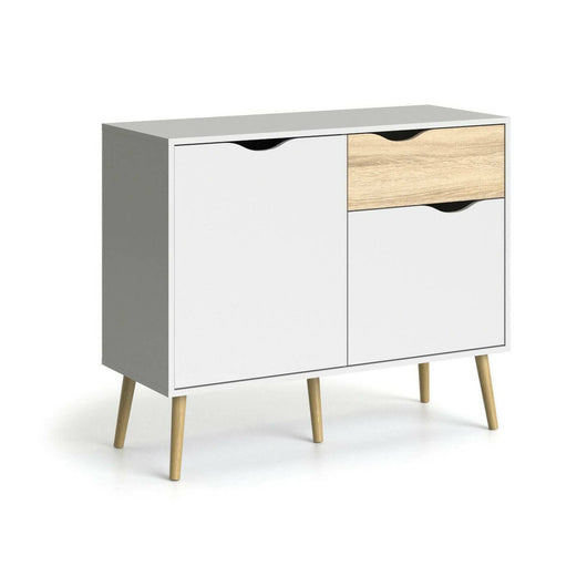 Credenza a due ante e un Audit, colore bianco e rovere, Misure 98 x 81 x 39 cm