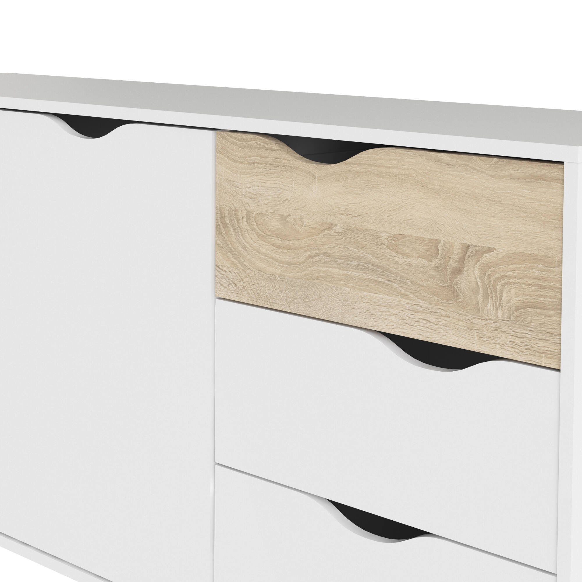 Credenza a due ante e tre Animato, colore bianco e rovere, Misure 147 x 81 x 39 cm