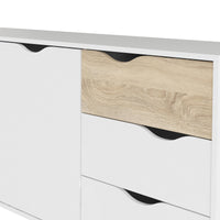 Credenza a due ante e tre Animato, colore bianco e rovere, Misure 147 x 81 x 39 cm