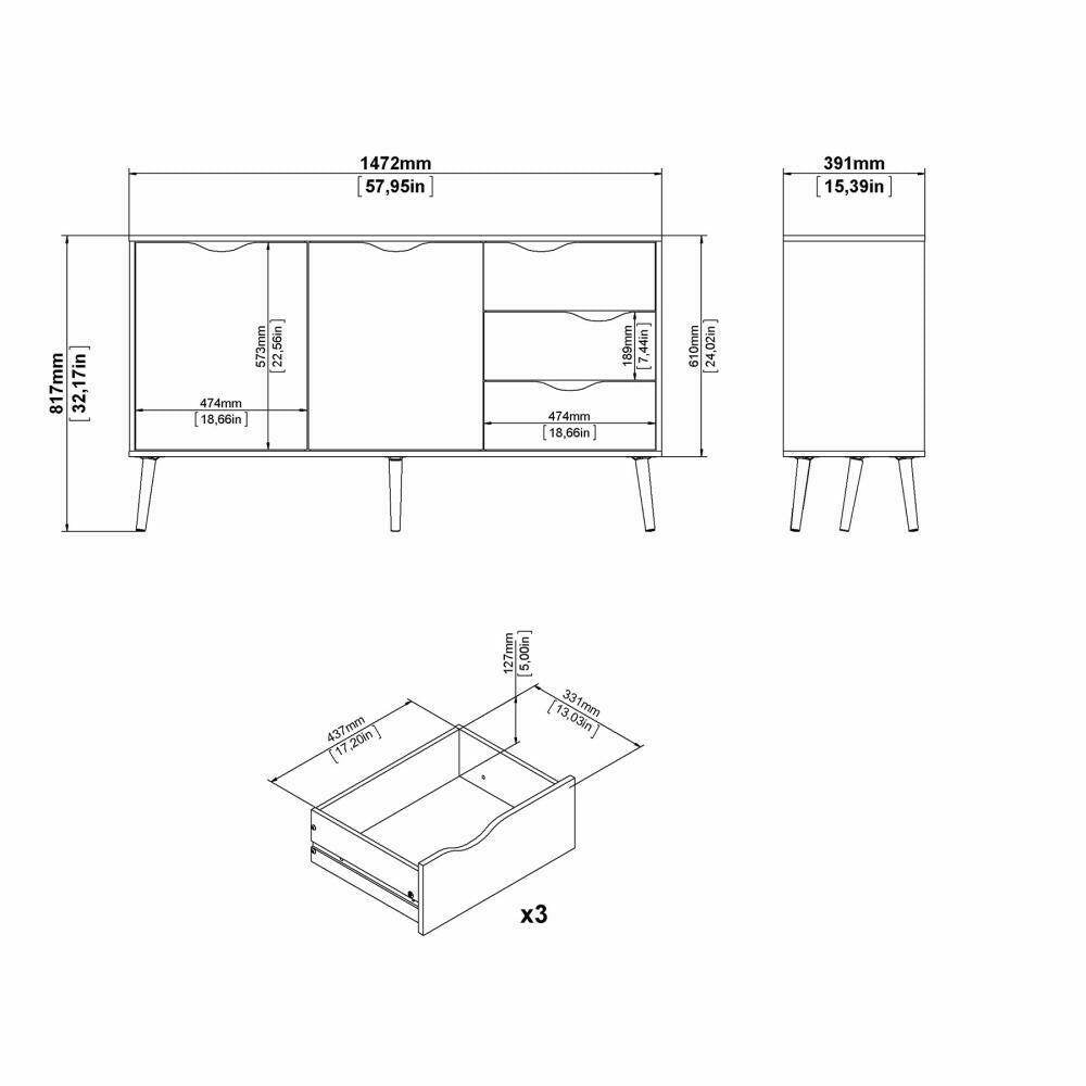 Credenza a due ante e tre Animato, colore bianco e rovere, Misure 147 x 81 x 39 cm