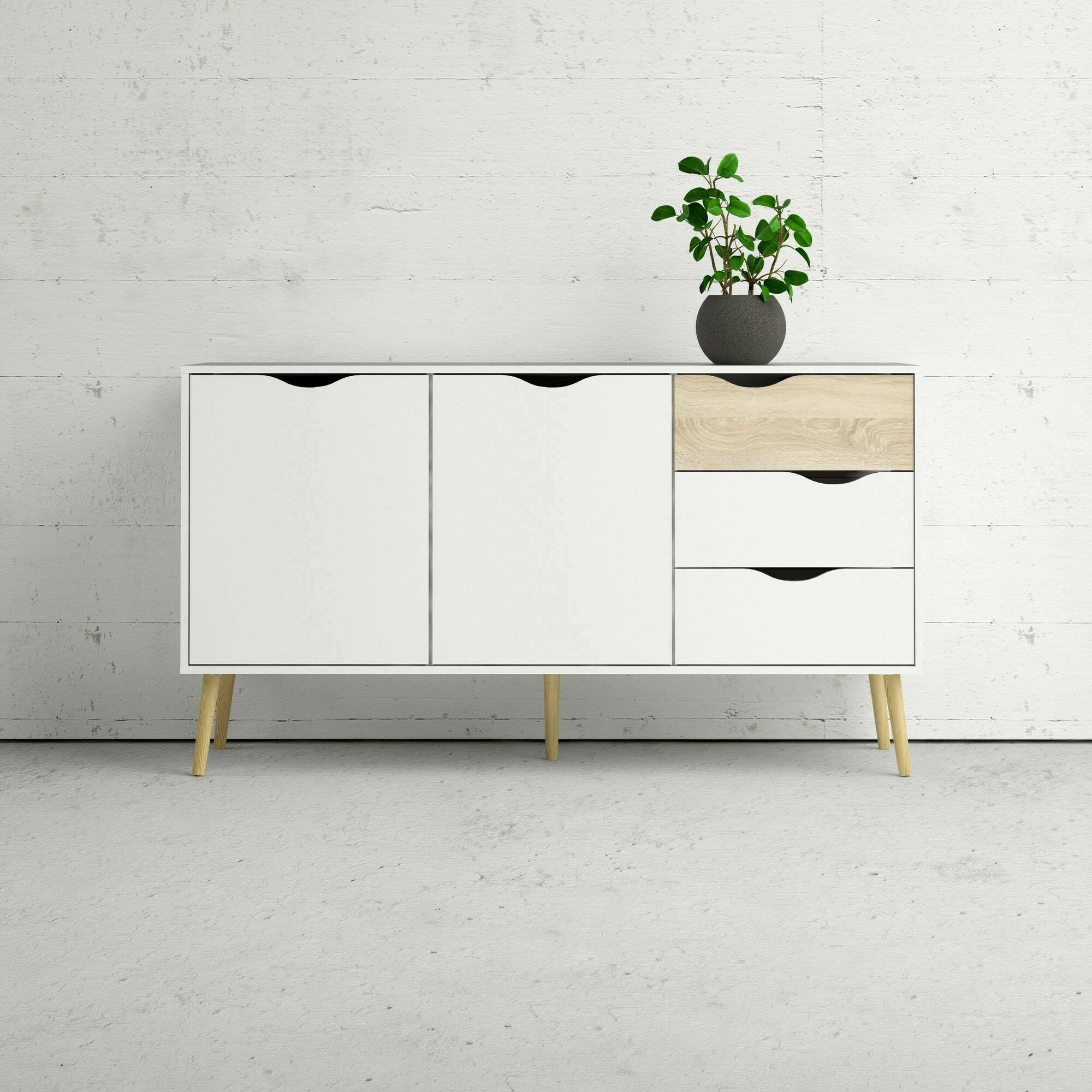 Credenza a due ante e tre Animato, colore bianco e rovere, Misure 147 x 81 x 39 cm