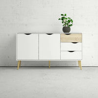 Credenza a due ante e tre Animato, colore bianco e rovere, Misure 147 x 81 x 39 cm