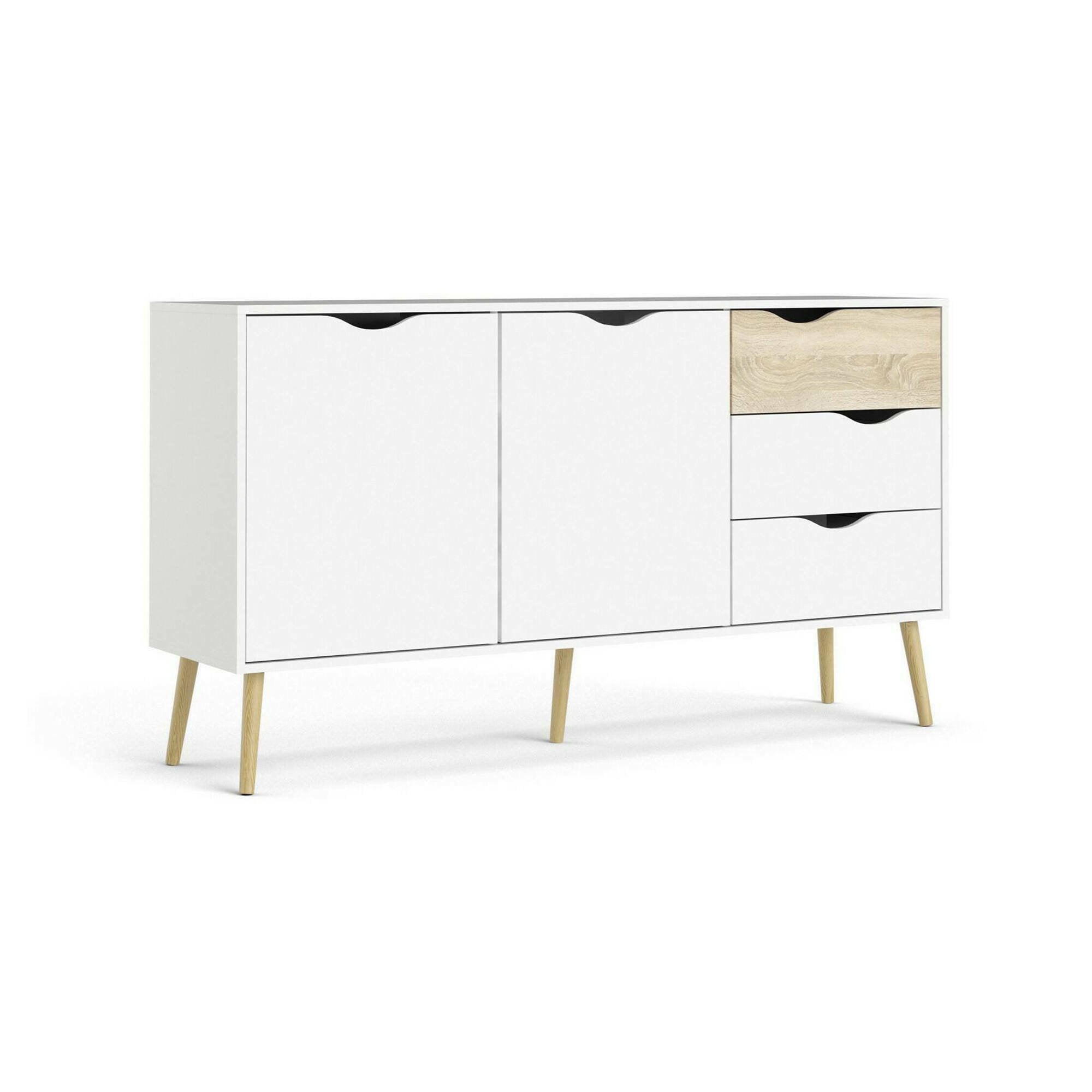 Credenza a due ante e tre Animato, colore bianco e rovere, Misure 147 x 81 x 39 cm