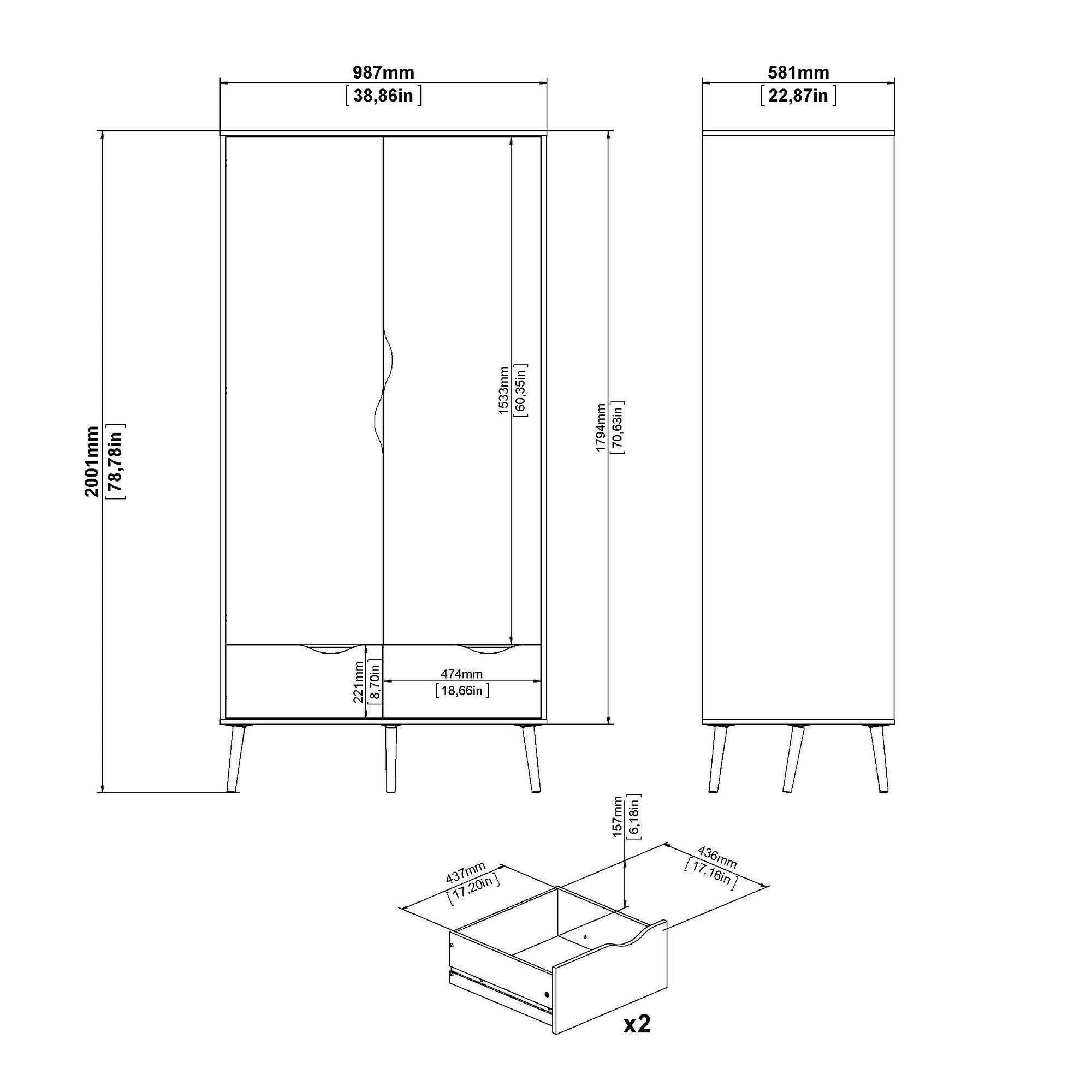 Guardaroba a due ante e due Archilllo, colore bianco e rovere, cm 98 x 200 x 58