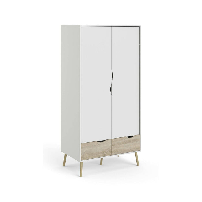 Guardaroba a due ante e due Archilllo, colore bianco e rovere, cm 98 x 200 x 58