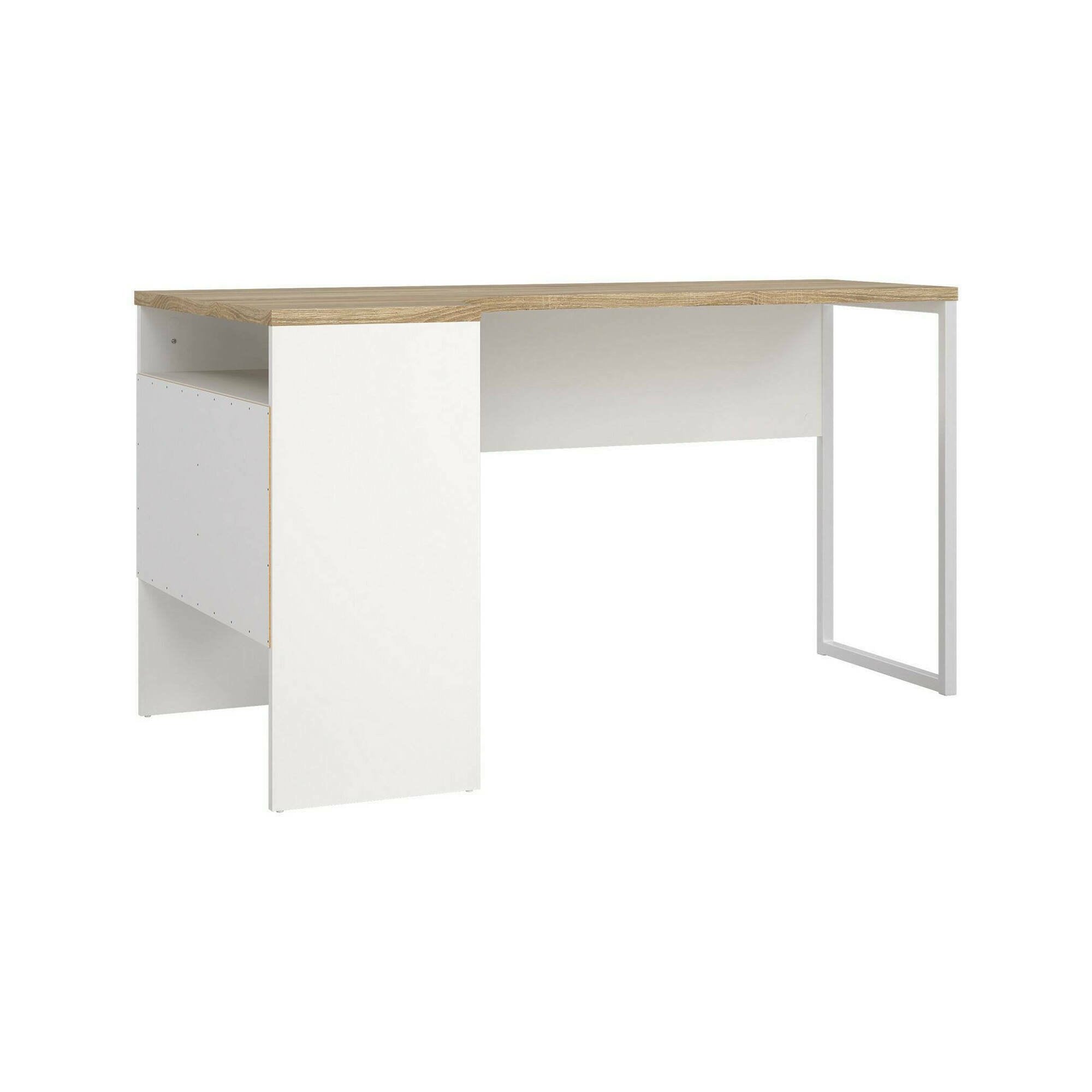 Scrivania ad angolo con due Moire, colore rovere e bianco, cm 145 x 76 x 81