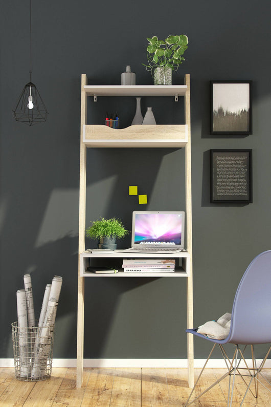 Scrivania Aviv, colore bianco e rovere, cm 65 x 180 x 48