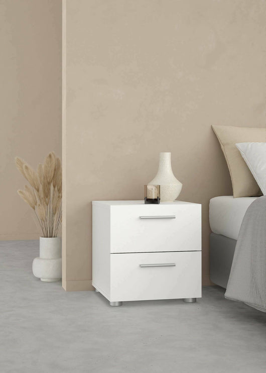 Comodino a due cassetti con Apolla, colore bianco, cm 40 x 42 x 40