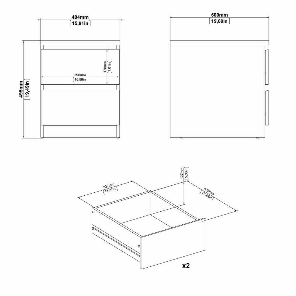 Comodino a due Azar, colore bianco lucido, cm 40 x 49 x 50