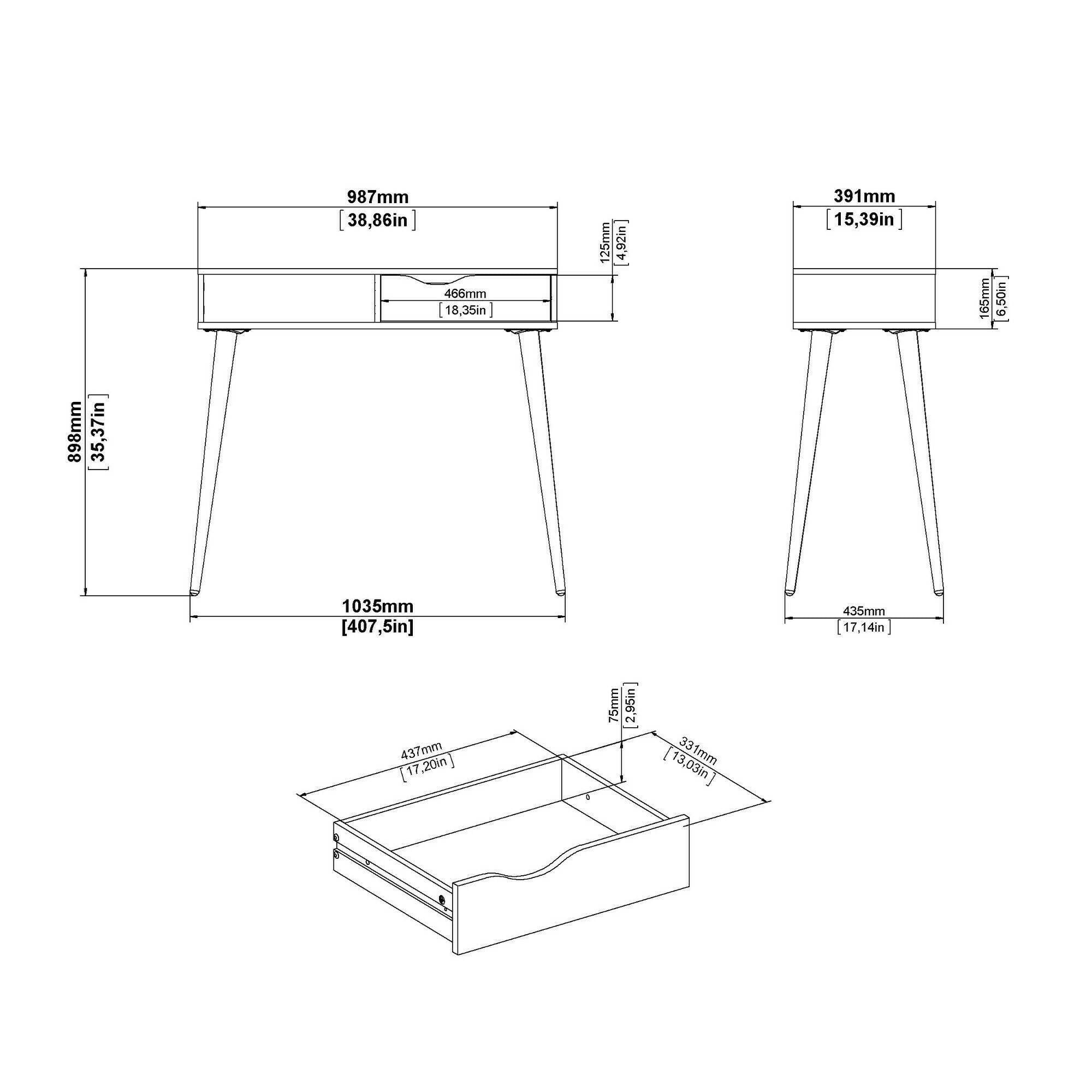 Tavolino consolle con un cassetto e un vano Diaspo, colore bianco e rovere, cm 103 x 89 x 43